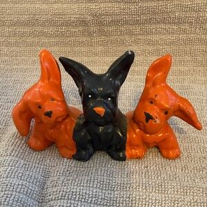 Charming vintage Orange and Black Scottie Dog Figurines. Made in Japan